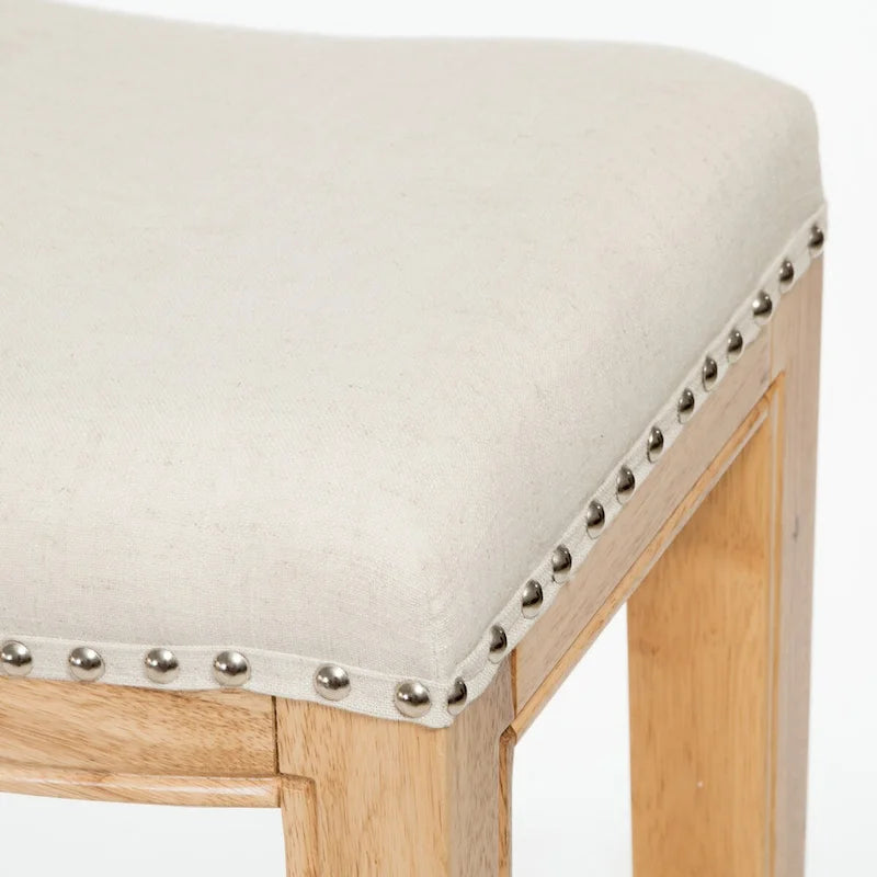 Upholstered Saddle Bar Stool with Wooden Frame and Nailhead Trim