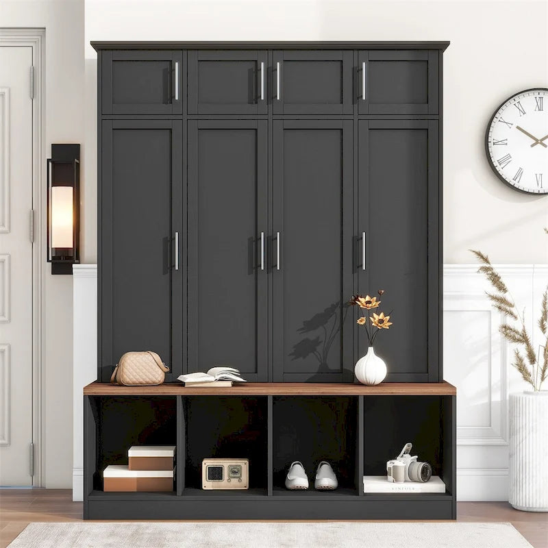 Classic Entryway Hall Tree with Paneled Doors and Woodgrain Bench