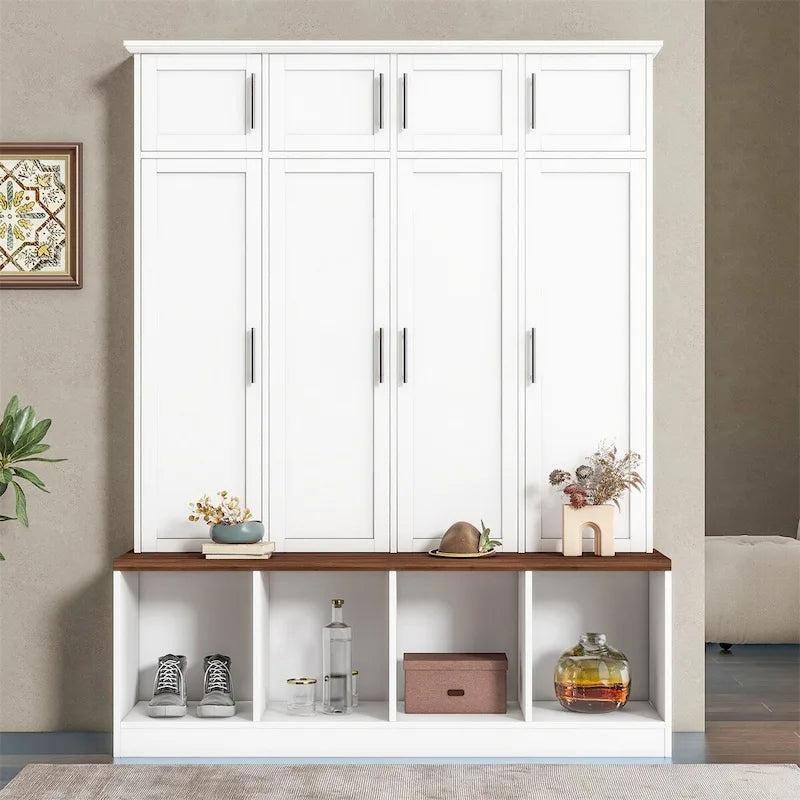Classic Entryway Hall Tree with Paneled Doors and Woodgrain Bench