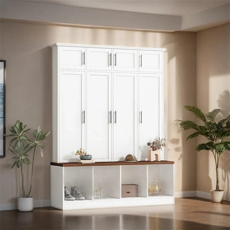 Multi-Functional Hall Tree w/4 Hidden Hanging Hooks,Wood Grain Bench