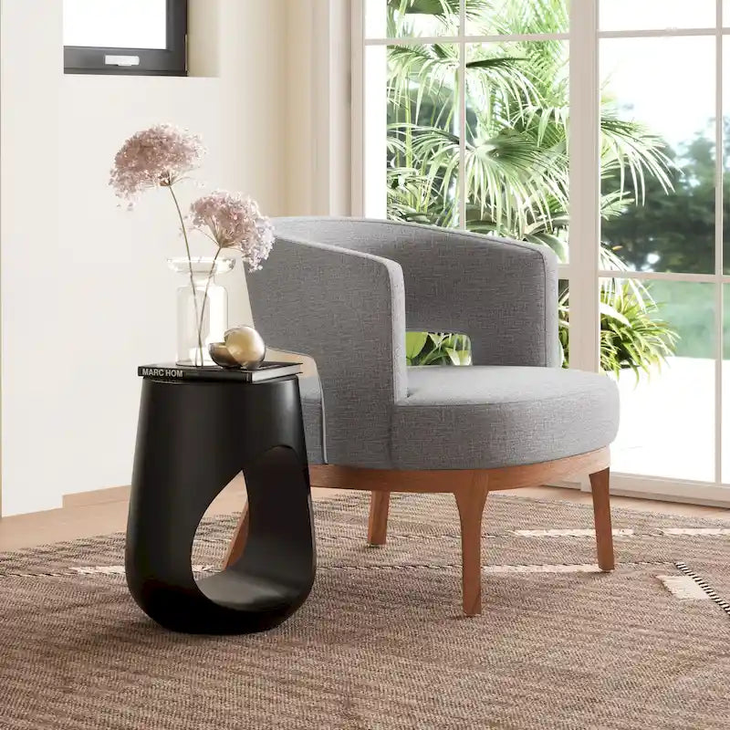 Black Mango Wood Sculptural Round Side Table with Open Base