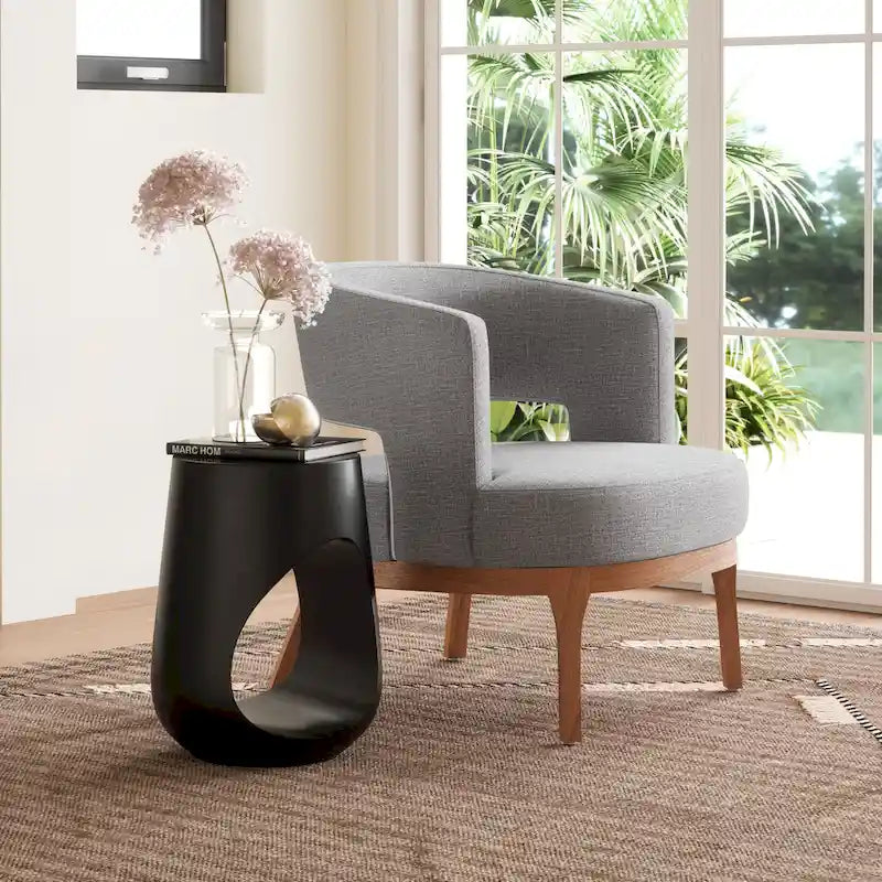 Black Mango Wood Sculptural Round Side Table with Open Base