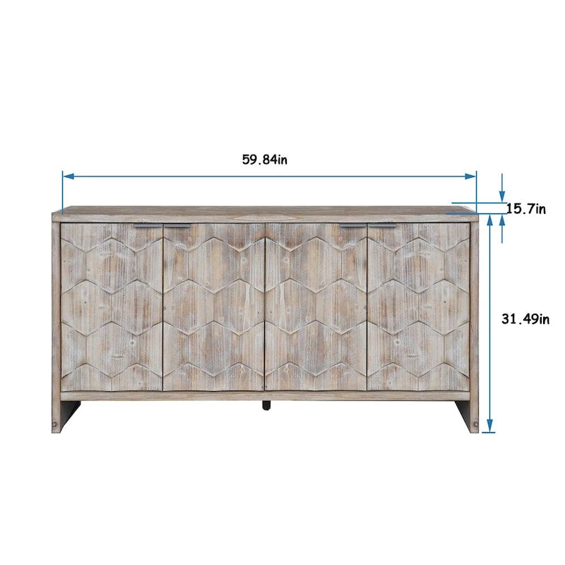Natural Wood Wash Farmhouse Four Door Geometric Storage Buffet Sideboard