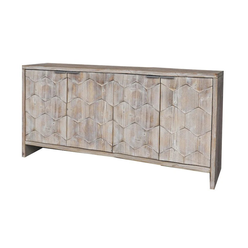 Buffet-Sideboard im Landhausstil aus naturfarben gewaschenem Holz mit vier Türen und geometrischem Muster