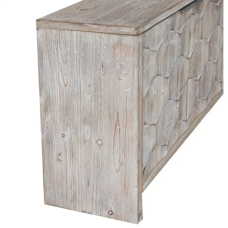 Buffet-Sideboard im Landhausstil aus naturfarben gewaschenem Holz mit vier Türen und geometrischem Muster