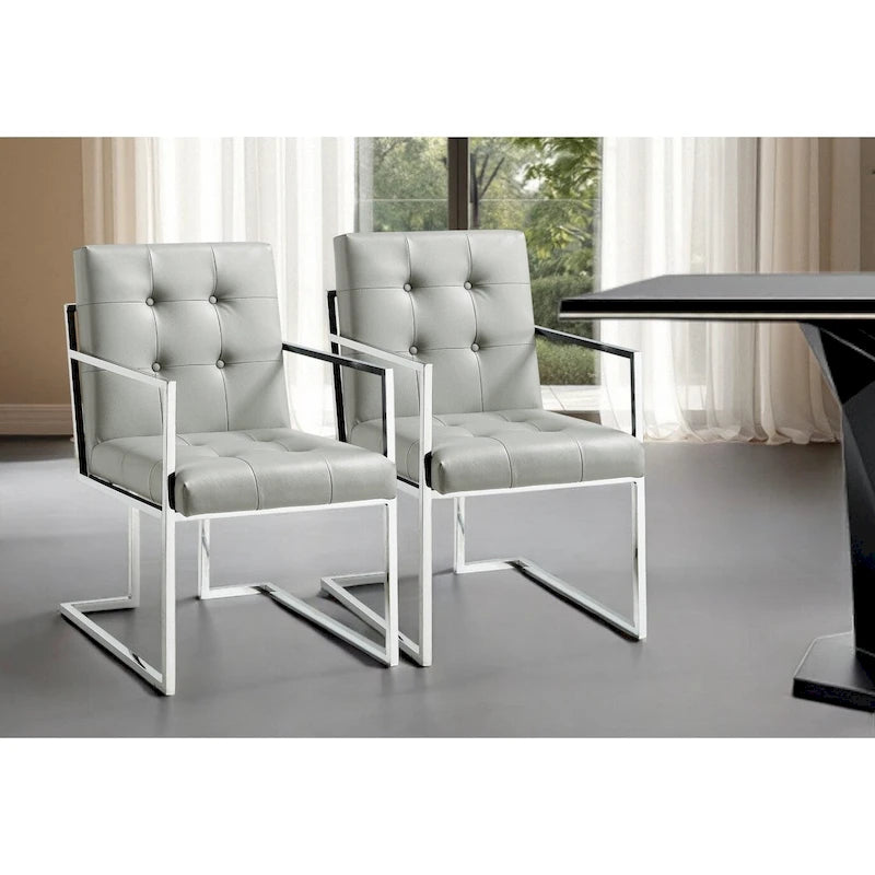 Light Gray Tufted Faux Leather Dining Armchair with Silver Steel Frame
