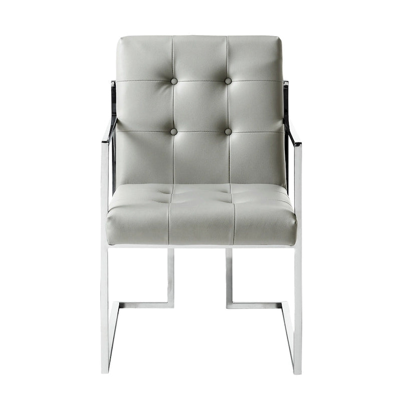 Light Gray Tufted Faux Leather Dining Armchair with Silver Steel Frame