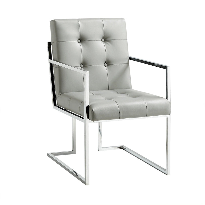 Light Gray Tufted Faux Leather Dining Armchair with Silver Steel Frame