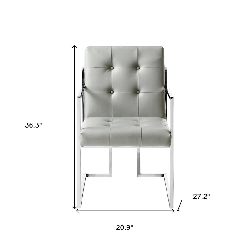 Light Gray Tufted Faux Leather Dining Armchair with Silver Steel Frame