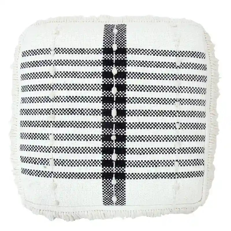 White Cotton Square Ottoman with Black Pattern and Fringe Trim