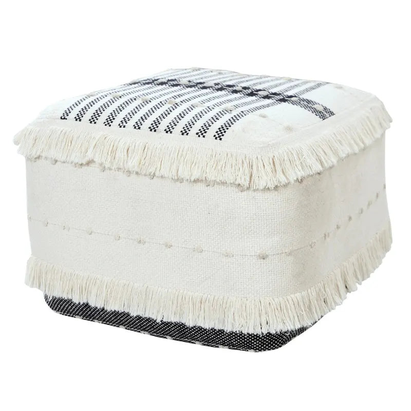 White Cotton Square Ottoman with Black Pattern and Fringe Trim