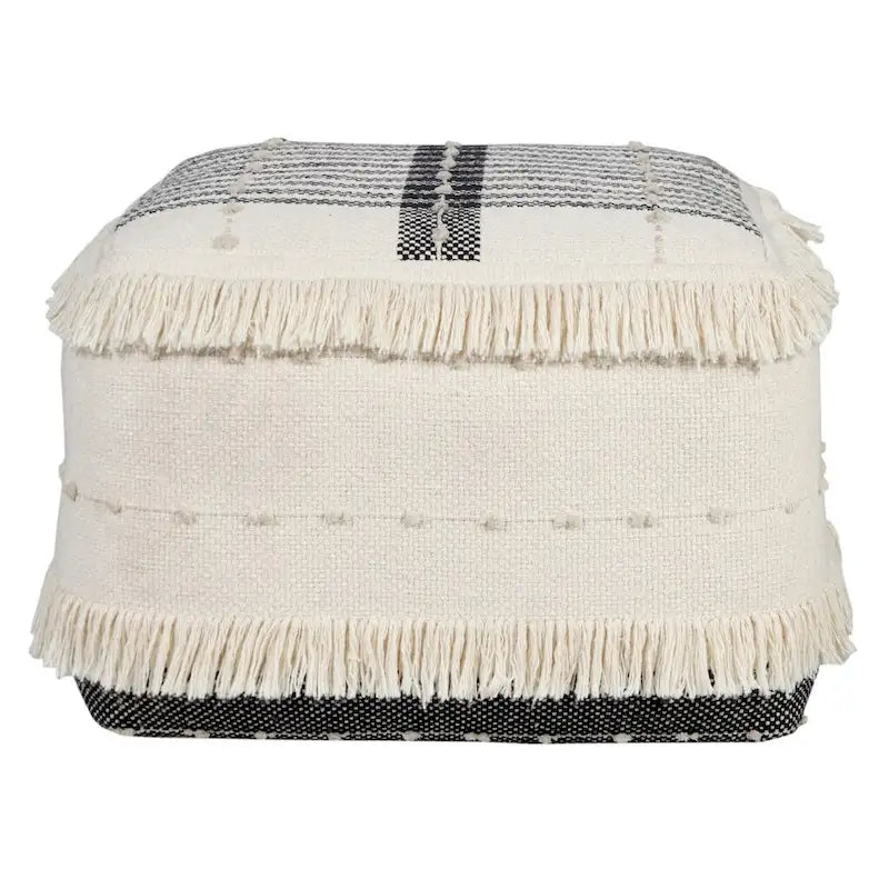 White Cotton Square Ottoman with Black Pattern and Fringe Trim