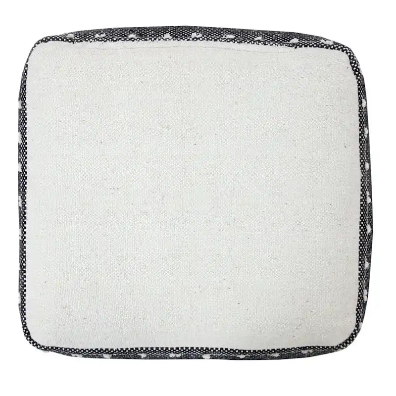 White Cotton Square Ottoman with Black Pattern and Fringe Trim