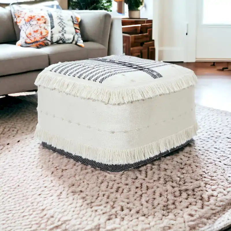 White Cotton Square Ottoman with Black Pattern and Fringe Trim