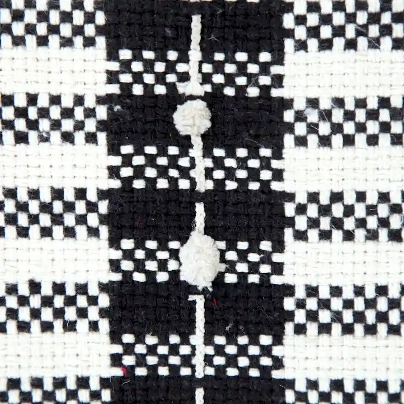 White Cotton Square Ottoman with Black Pattern and Fringe Trim