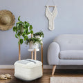 White Cotton Square Ottoman with Black Pattern and Fringe Trim