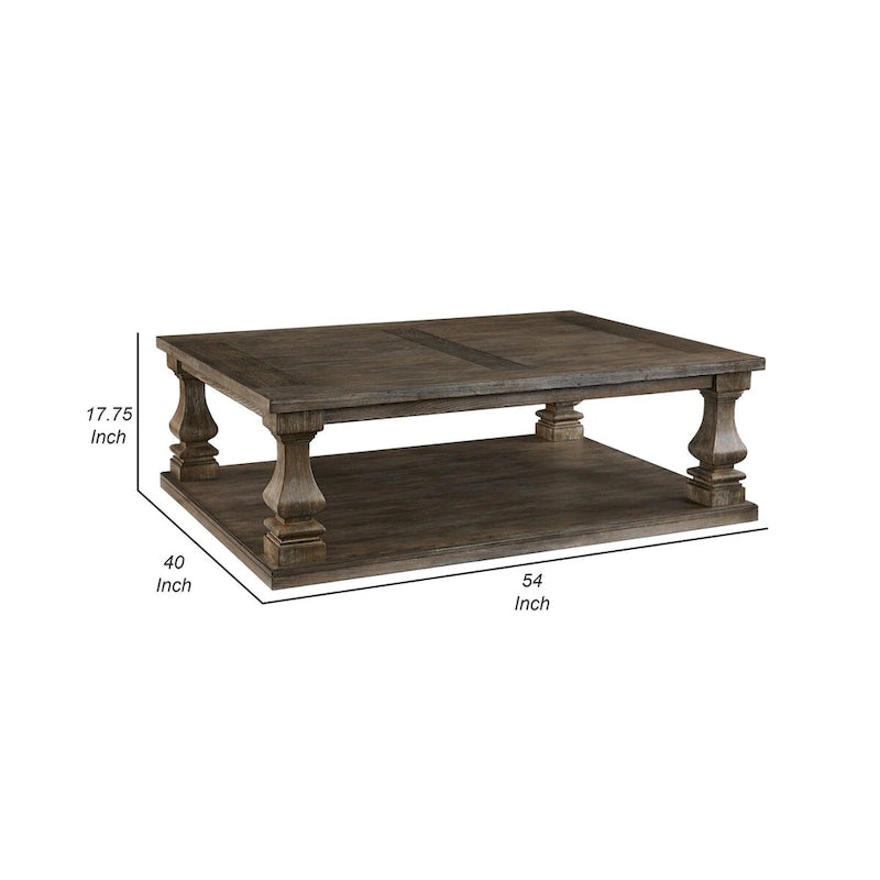 Classic 54 Inch Coffee Table, Baluster Legs, Spacious Top, Weathered Gray