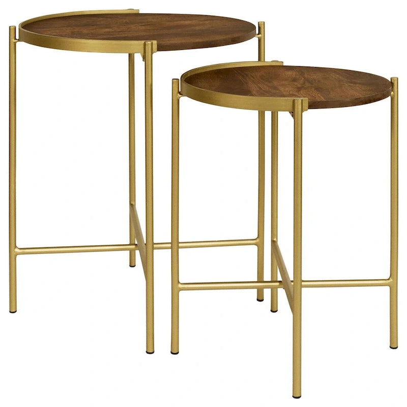 2 Piece Round Nesting Tables, Gold Iron, Modern Mango Wood, Warm Brown