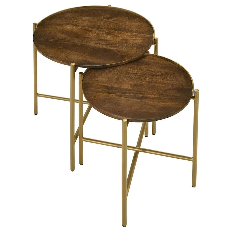 2 Piece Round Nesting Tables, Gold Iron, Modern Mango Wood, Warm Brown