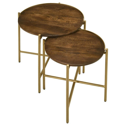 2 Piece Round Nesting Tables, Gold Iron, Modern Mango Wood, Warm Brown