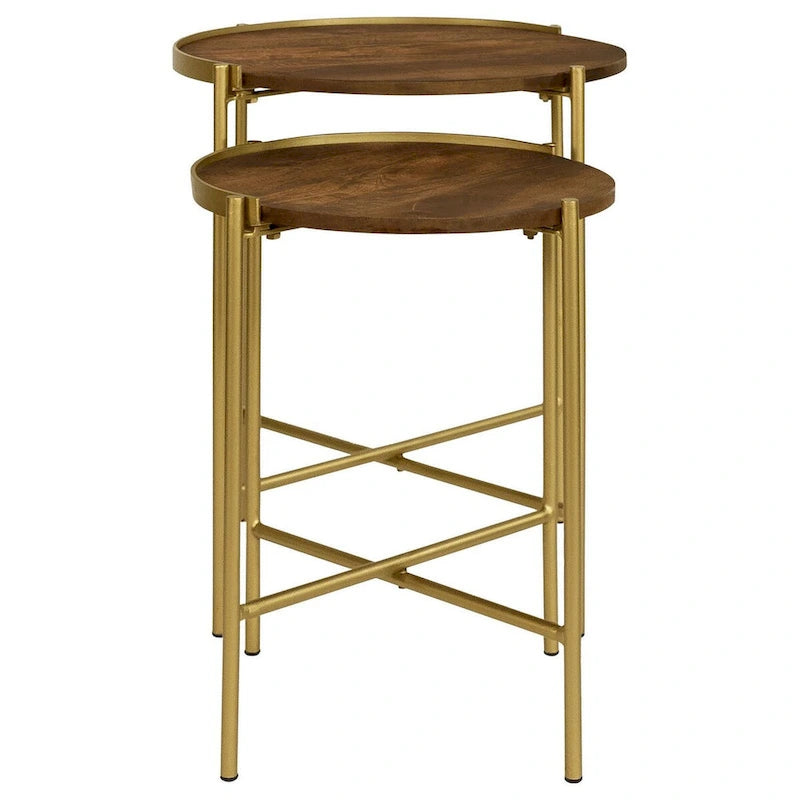 2 Piece Round Nesting Tables, Gold Iron, Modern Mango Wood, Warm Brown