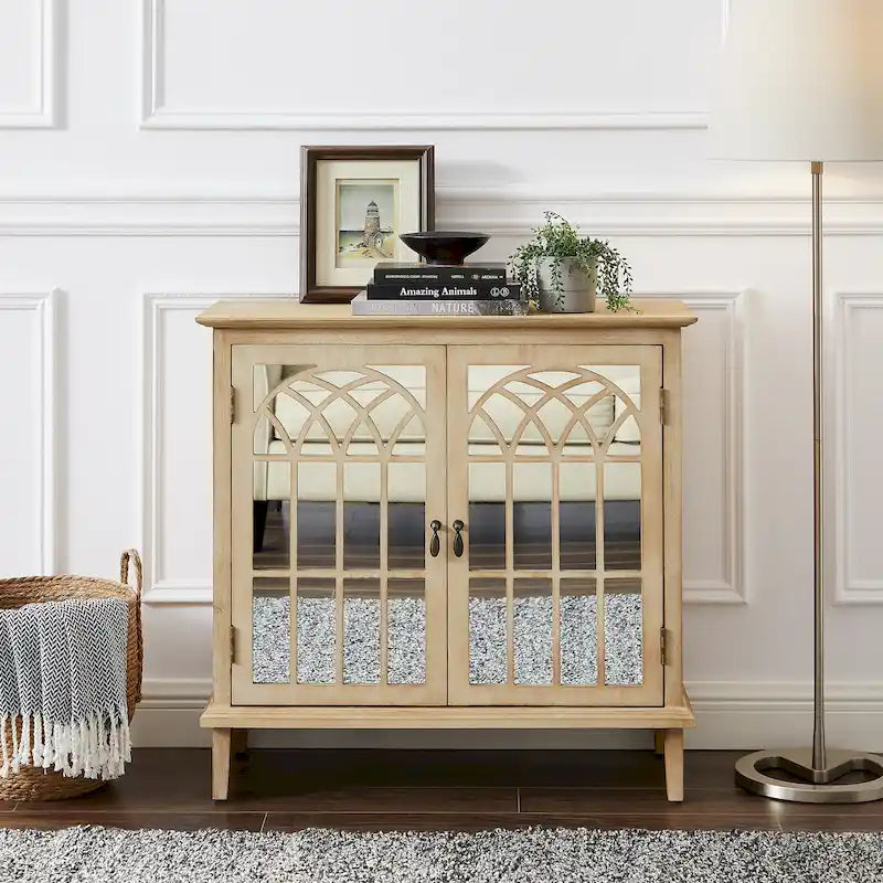 Wood Accent Storage Cabinet with Mirrored Doors and Brass Handles