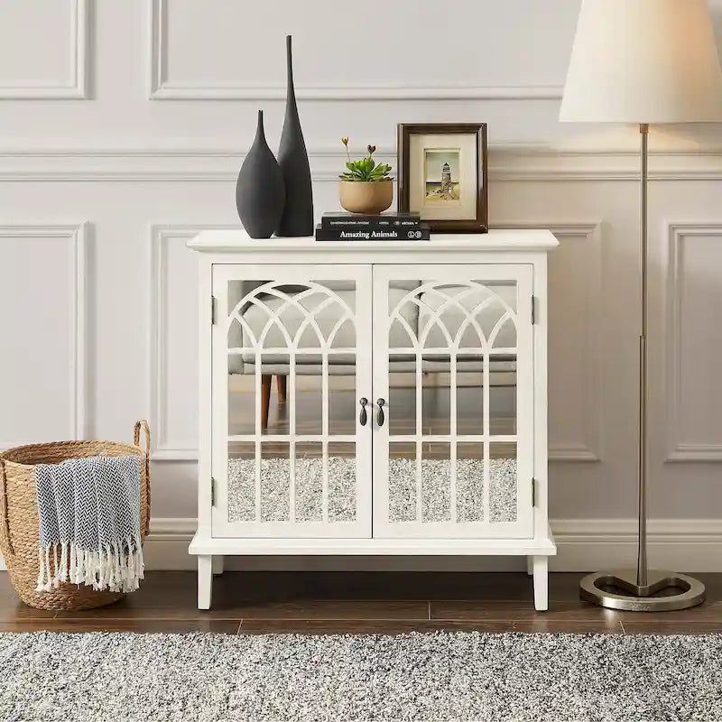 Wood Accent Storage Cabinet with Mirrored Doors and Brass Handles