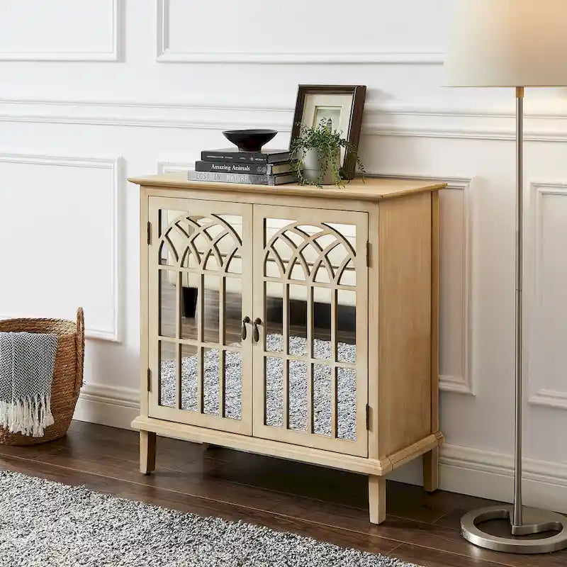 Wood Accent Storage Cabinet with Mirrored Doors and Brass Handles