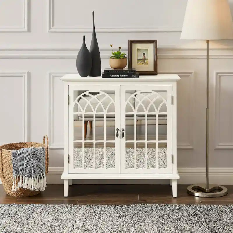 Wood Accent Storage Cabinet with Mirrored Doors and Brass Handles