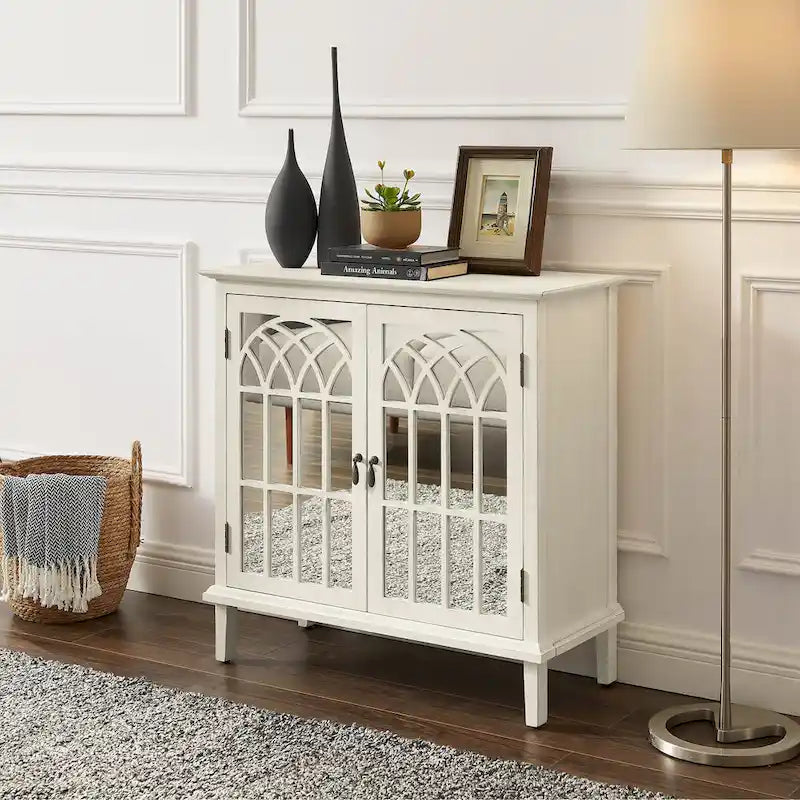 Wood Accent Storage Cabinet with Mirrored Doors and Brass Handles