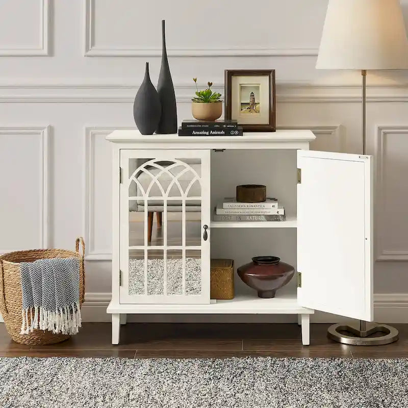 Wood Accent Storage Cabinet with Mirrored Doors and Brass Handles