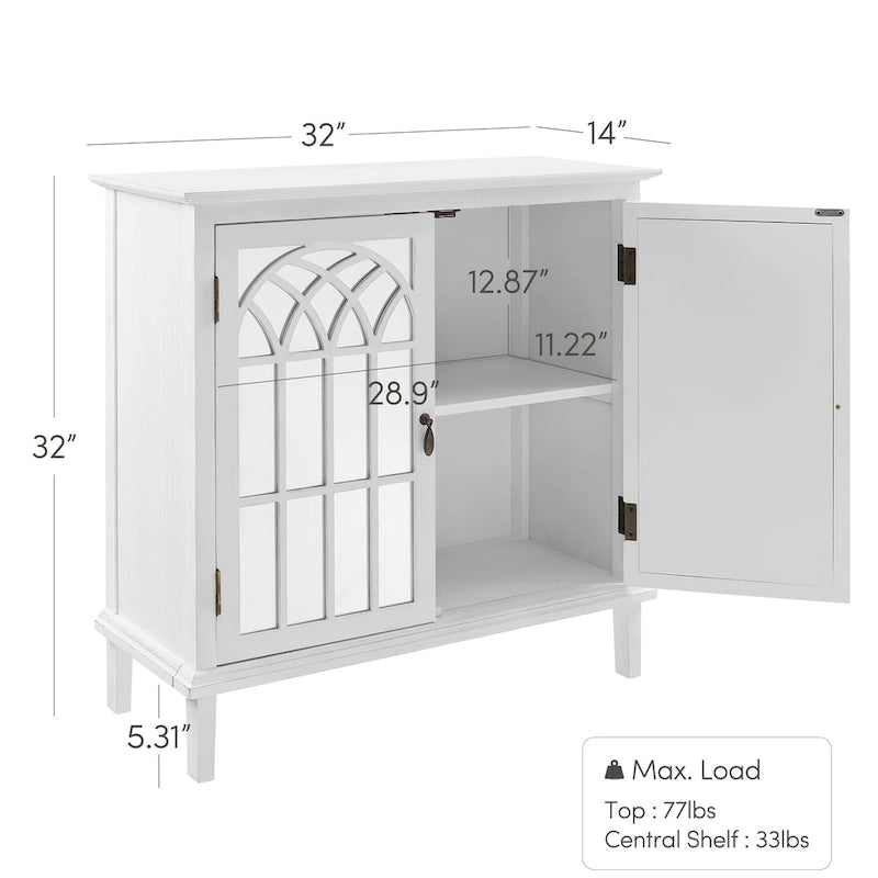 Wood Accent Storage Cabinet with Mirrored Doors and Brass Handles
