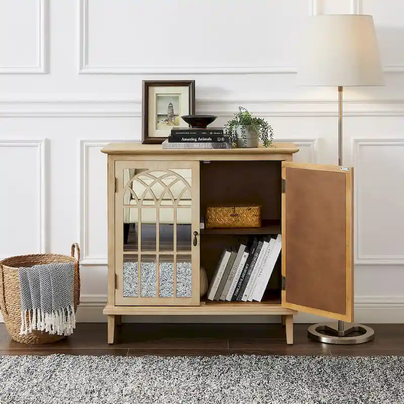 Wood Accent Storage Cabinet with Mirrored Doors and Brass Handles