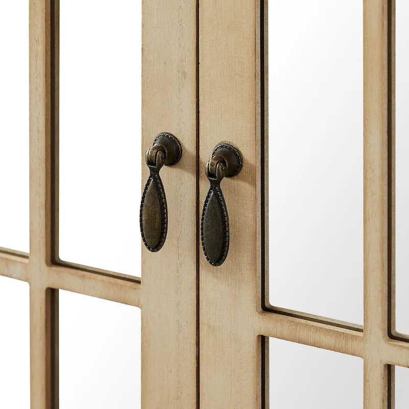 Wood Accent Storage Cabinet with Mirrored Doors and Brass Handles