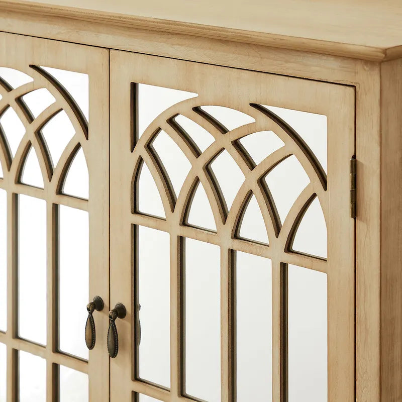 Wood Accent Storage Cabinet with Mirrored Doors and Brass Handles