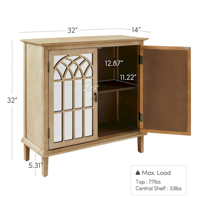 Wood Accent Storage Cabinet with Mirrored Doors and Brass Handles