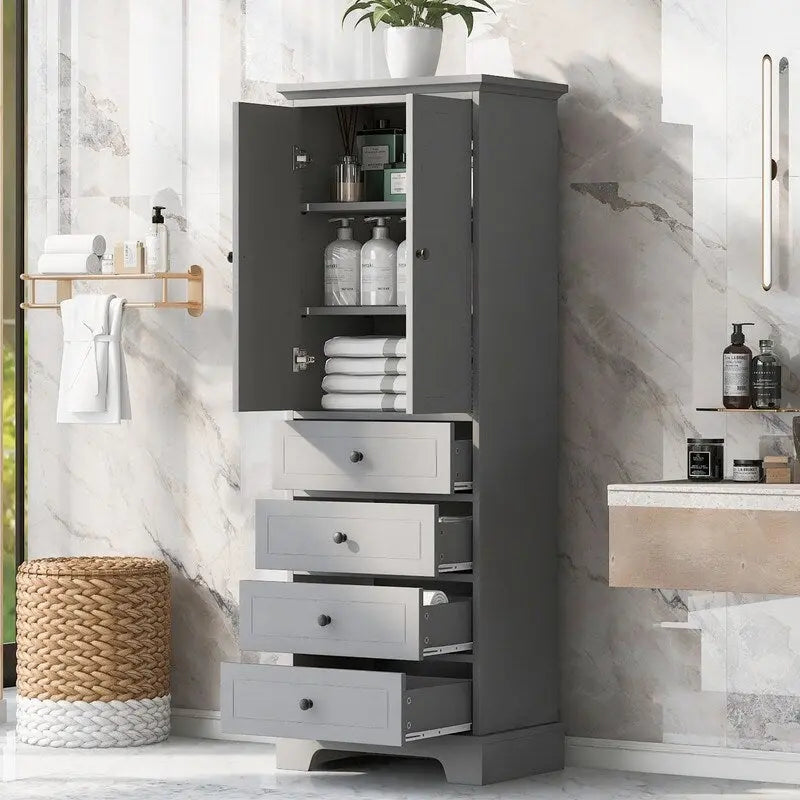 Freestanding Bathroom Linen Cabinet with Paneled Doors and Four Drawers