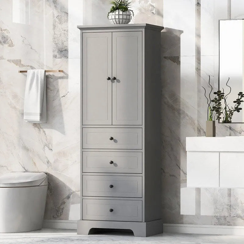 Freestanding Bathroom Linen Cabinet with Paneled Doors and Four Drawers