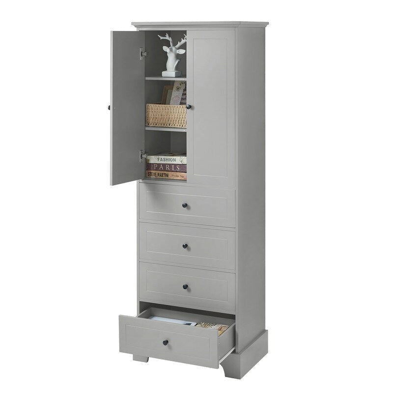 Freestanding Bathroom Linen Cabinet with Paneled Doors and Four Drawers