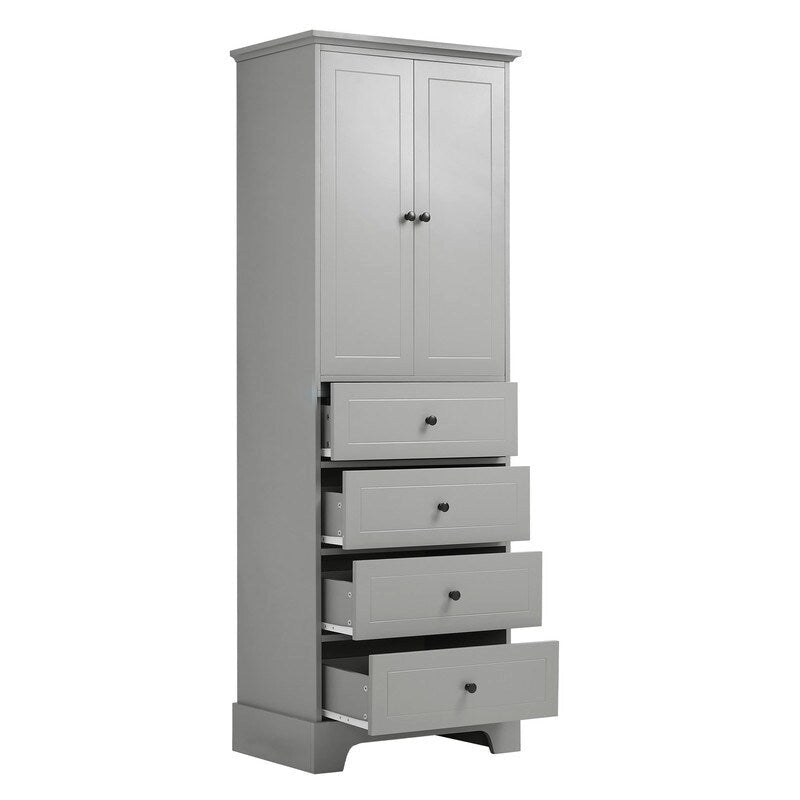 Freestanding Bathroom Linen Cabinet with Paneled Doors and Four Drawers
