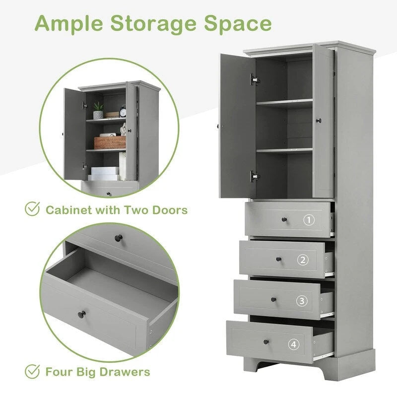 Freestanding Bathroom Linen Cabinet with Paneled Doors and Four Drawers