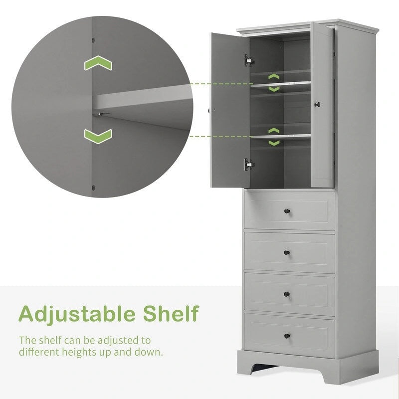 Freestanding Bathroom Linen Cabinet with Paneled Doors and Four Drawers