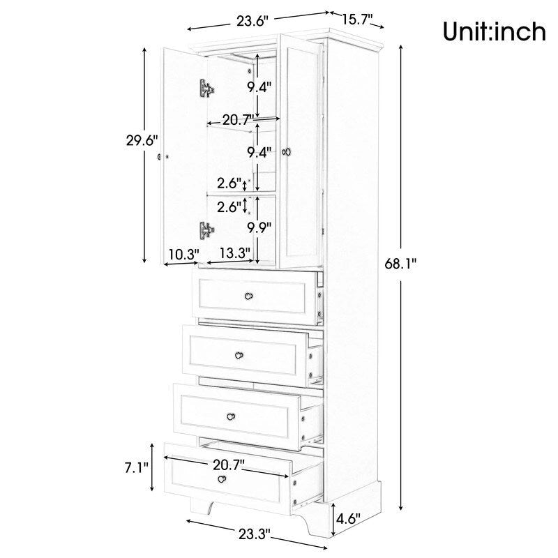 Freestanding Bathroom Linen Cabinet with Paneled Doors and Four Drawers