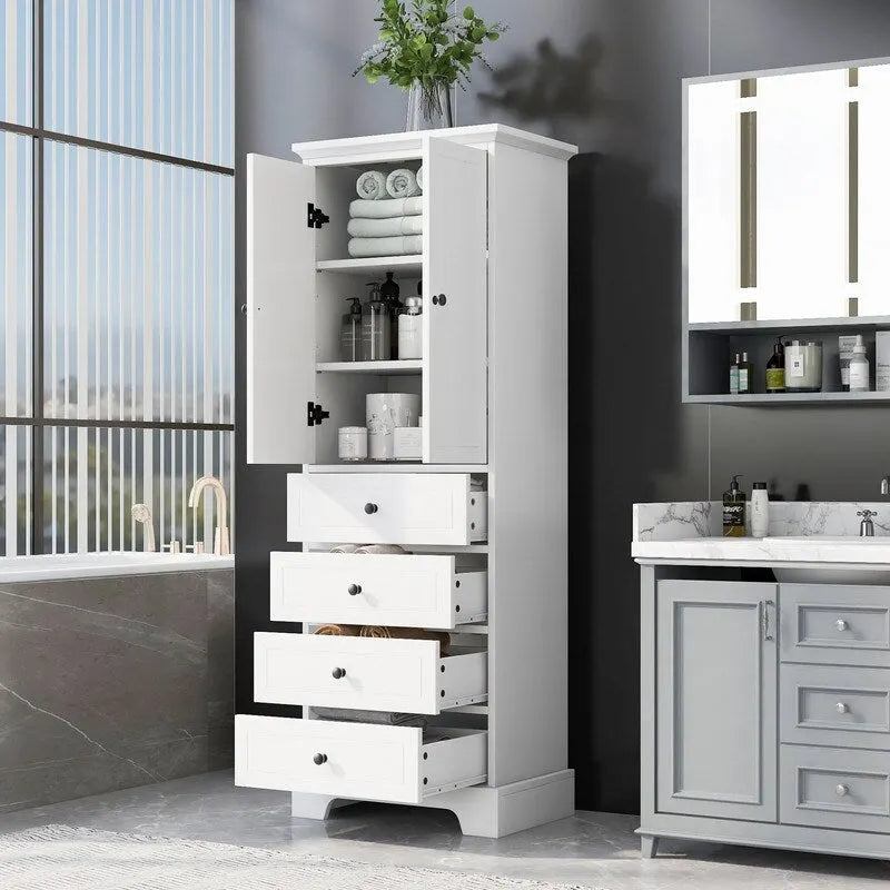 Freestanding Bathroom Linen Cabinet with Paneled Doors and Four Drawers