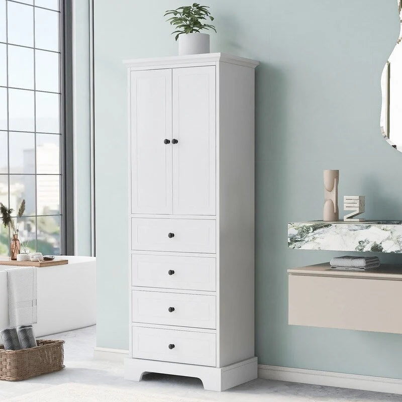Freestanding Bathroom Linen Cabinet with Paneled Doors and Four Drawers