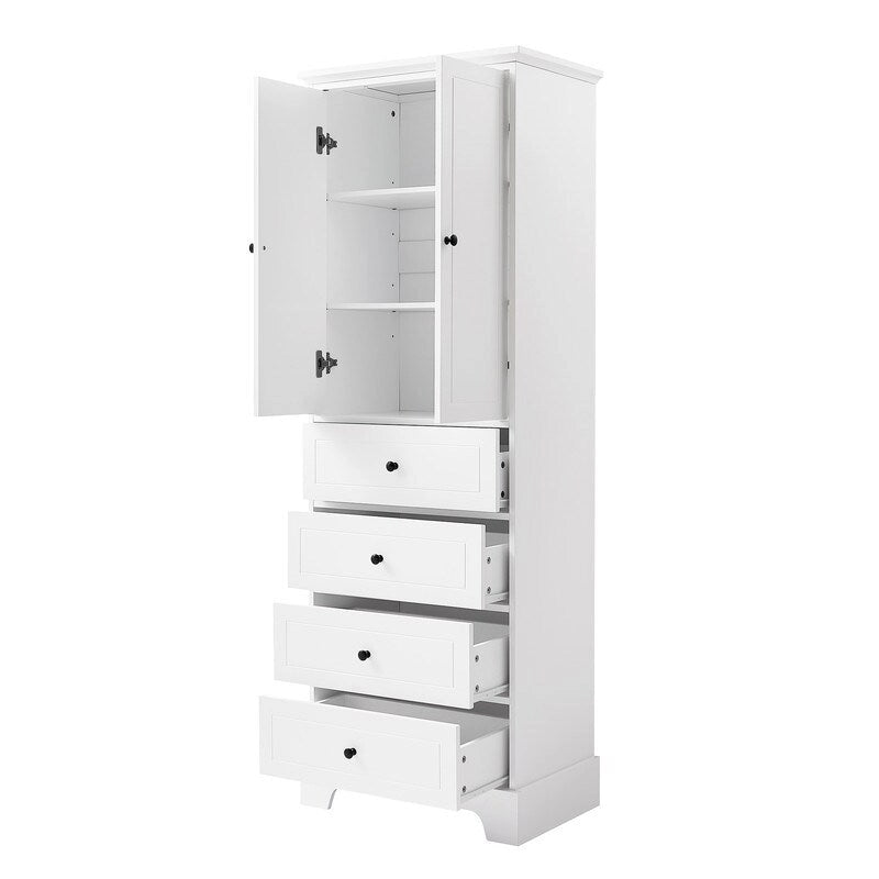 Freestanding Bathroom Linen Cabinet with Paneled Doors and Four Drawers
