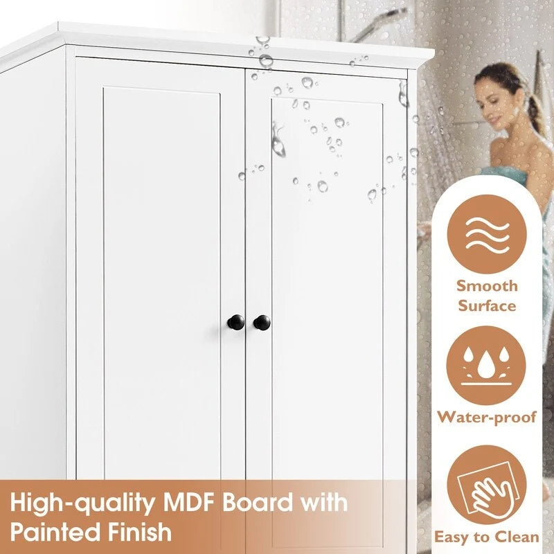 Freestanding Bathroom Linen Cabinet with Paneled Doors and Four Drawers