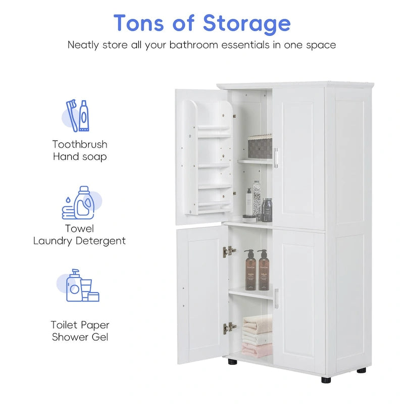 White Freestanding Bathroom Cabinet with Four Doors and Adjustable Shelves