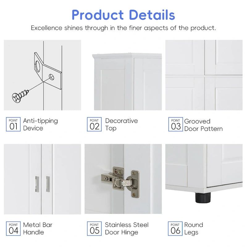 White Freestanding Bathroom Cabinet with Four Doors and Adjustable Shelves