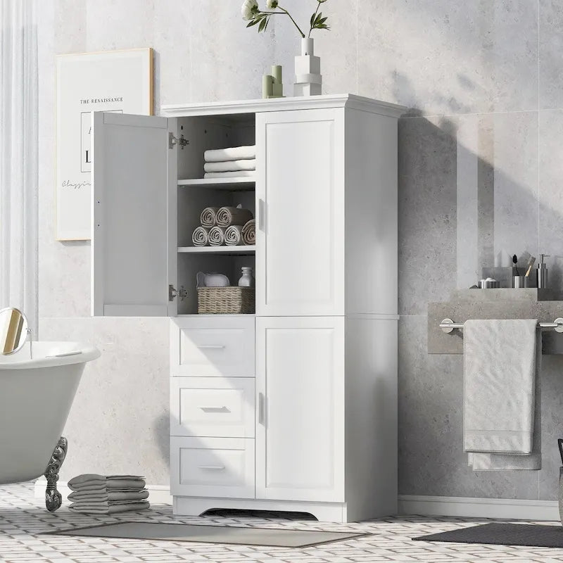 Classic Paneled Storage Cabinet with Three Drawers and Adjustable Shelves